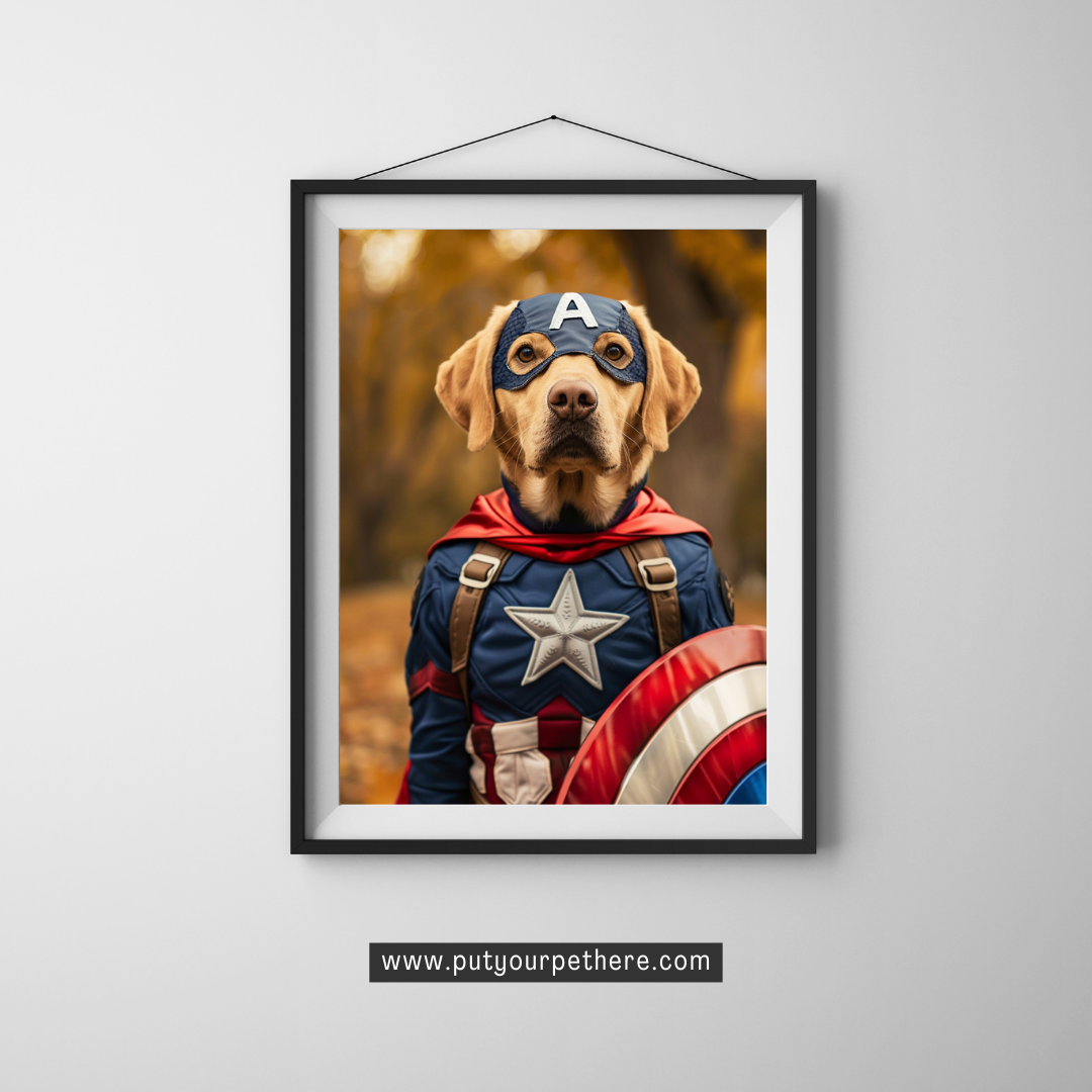 Brave and bold digital art portrayal of a dog as Captain America in a patriotic costume, complete with a shield, embodying the spirit of a hero, set against an autumnal background, from putyourpethere.com.