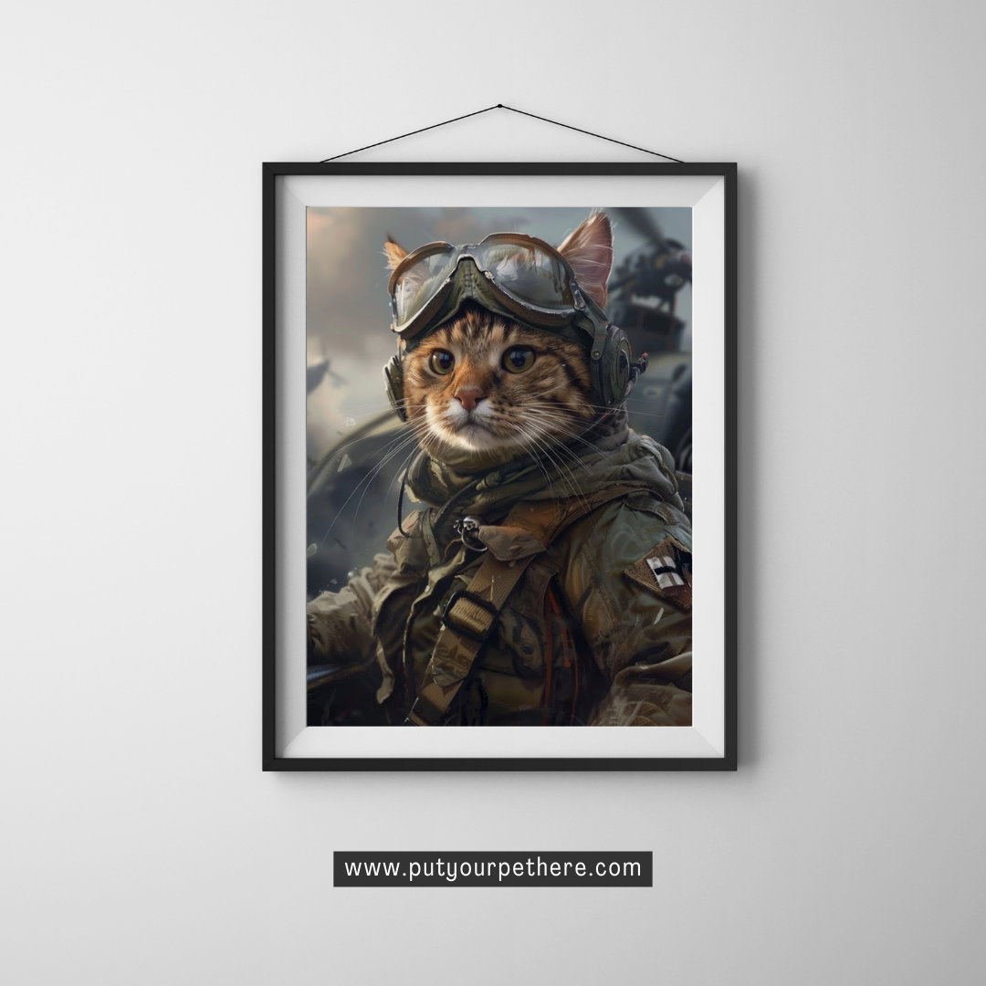 A striking digital portrait of an adventurous tabby cat dressed in pilot gear with goggles and a flight jacket, hinting at tales of aerial escapades, from putyourpethere.com.