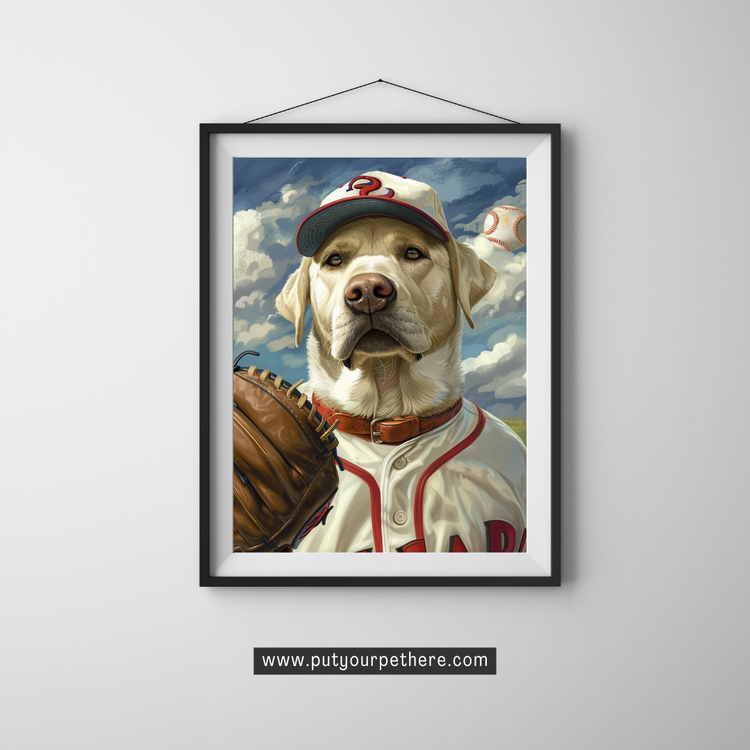 Digital portrait of a cheerful Labrador retriever in a baseball uniform, complete with a cap and glove, ready for the game, set against a sky with clouds, featured at putyourpethere.com