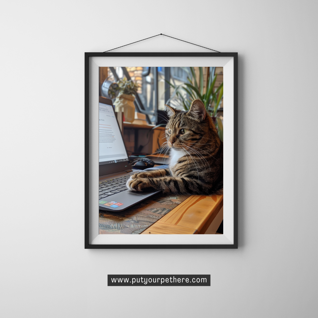 Digital portrait of a tabby cat with a focused expression, working on a laptop like a professional, comfortably seated at a wooden desk with a bright window in the background, from putyourpethere.com.
