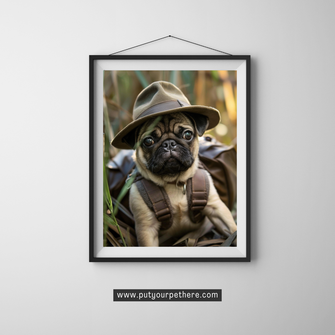 Adventurous digital art of a pug puppy dressed in an explorer’s outfit with a safari hat like Indiana Jones, poised in the wilderness, ready for a daring expedition, featured at putyourpethere.com
