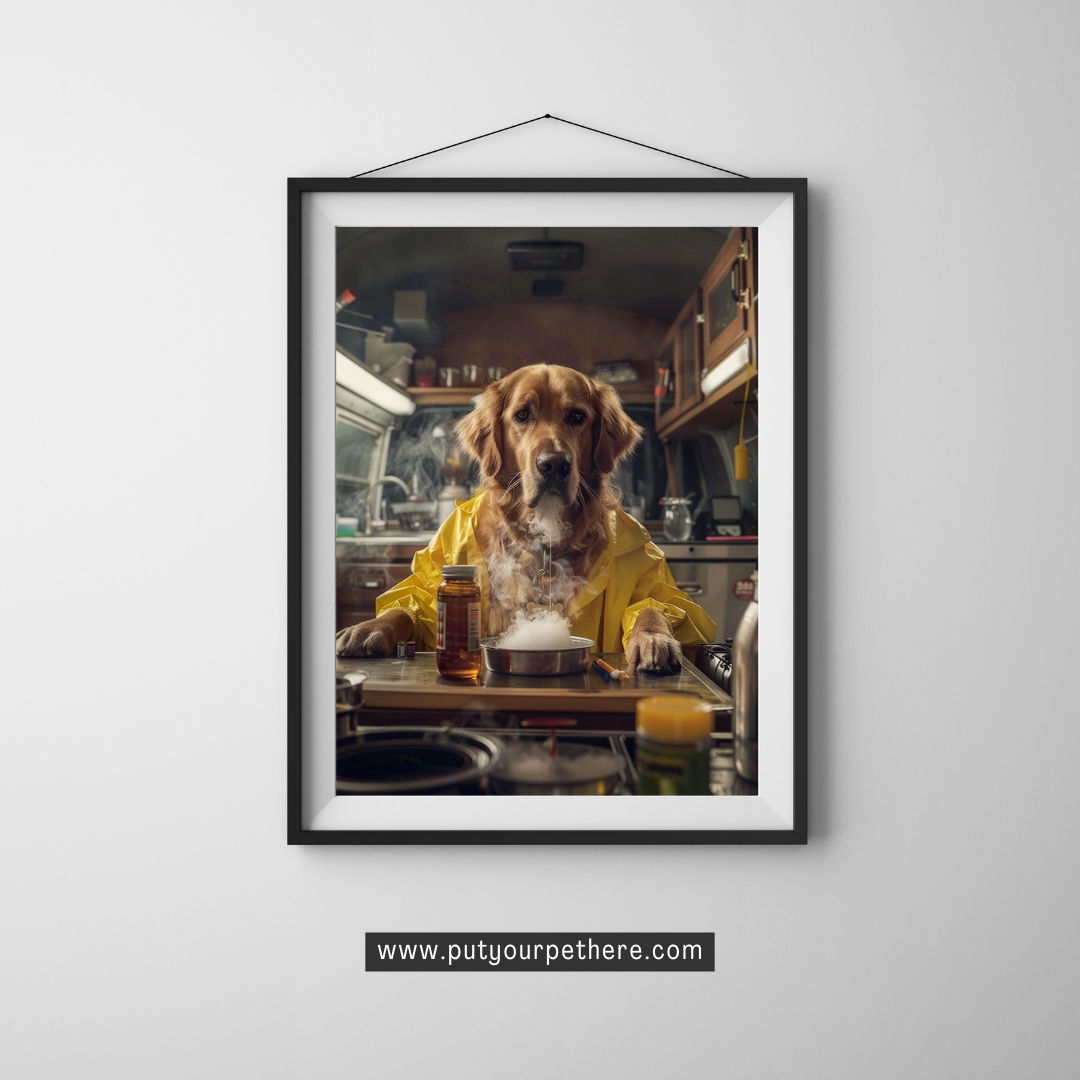 Digital art of a contemplative golden retriever as a Heisenberg in a yellow raincoat, with flasks and smoke around, suggesting a creative scientific endeavor, available at putyourpethere.com.
