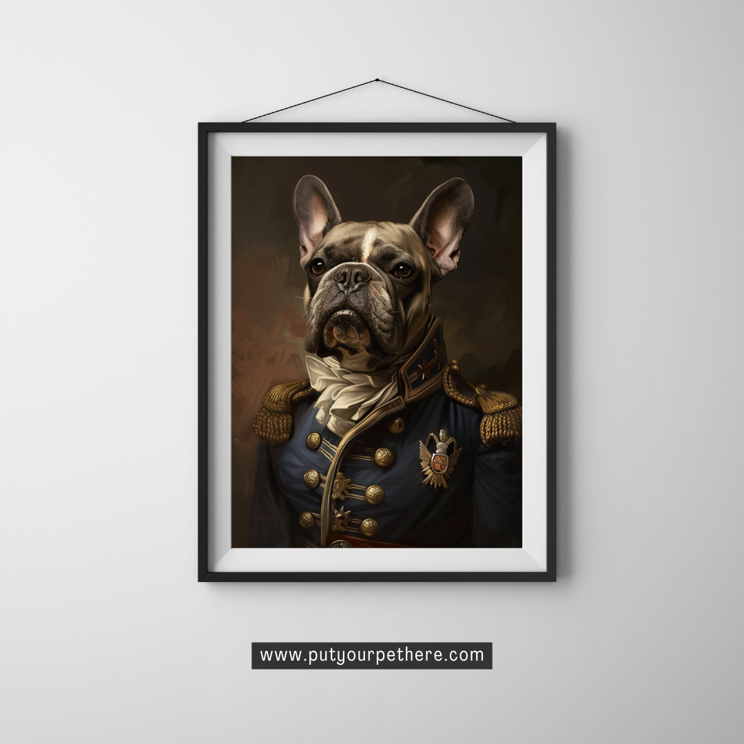 Elegant digital portrait of a French Bulldog as a Napoleon in a regal military uniform, adorned with medals and gold epaulettes, conveying a noble and commanding presence, featured at putyourpethere.com.