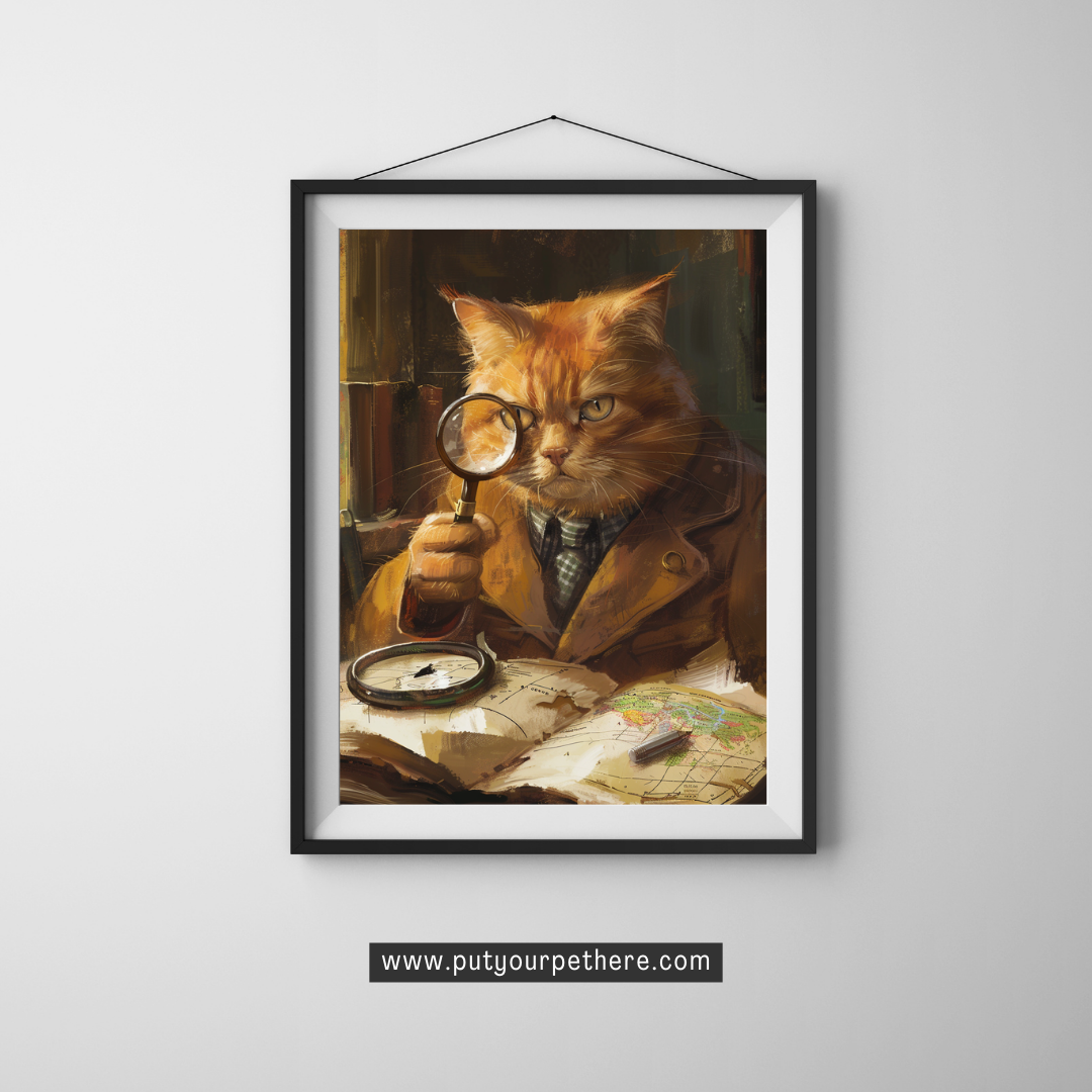 Digital artwork of a ginger cat with sharp eyes, examining a map with a magnifying glass, dressed as a detective in a trench coat, evoking a scene of mystery and exploration, available at putyourpethere.com.