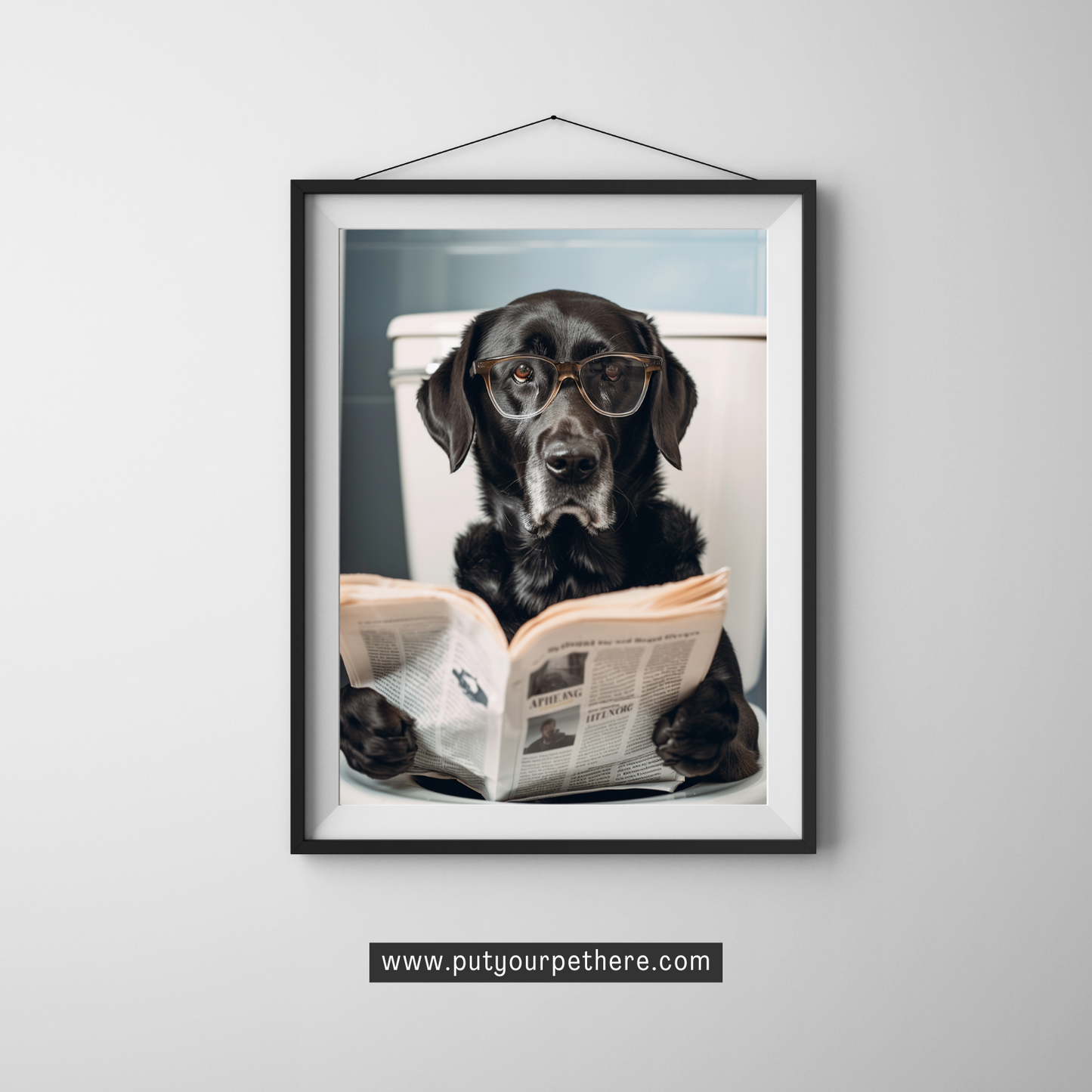 Digital artwork of an intellectual black Labrador wearing round glasses, sitting on toilet, attentively reading a newspaper, showcasing a blend of human-like intelligence and canine charm, available at putyourpethere.com.