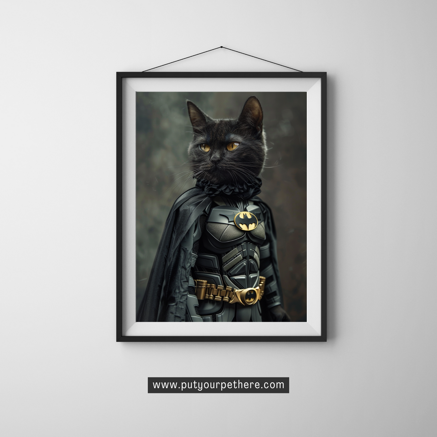 Digital art of a black cat as a Batman with a stoic gaze, dressed in a superhero costume with a cape and emblem, evoking a heroic vigilante character, against a moody backdrop, from putyourpethere.com.