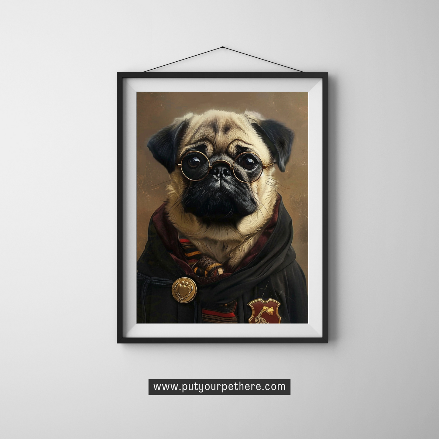 Digital art portrait of a pug as a Harry Potter with a serious expression, adorned in a whimsical scarf and glasses, with a fantasy-style school uniform and a medal of honor, set against a dark, textured backdrop, featured at putyourpethere.com.