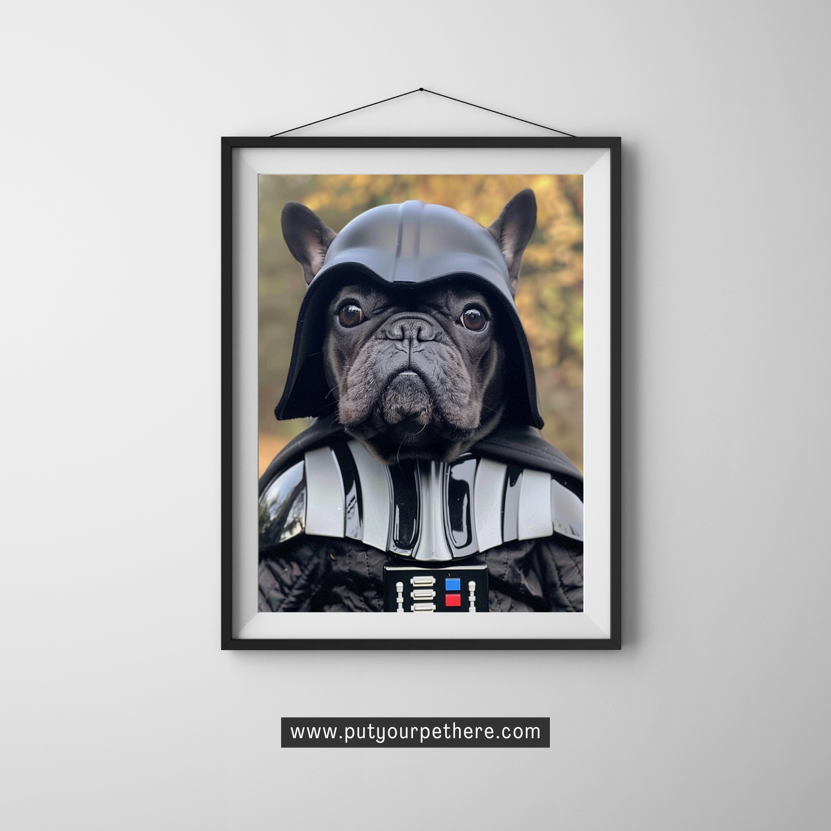 A digital portrait of a French Bulldog from Star Wars movie as Darth Wader, portraying a character from a popular space saga, complete with a detailed helmet and suit, available at putyourpethere.com.