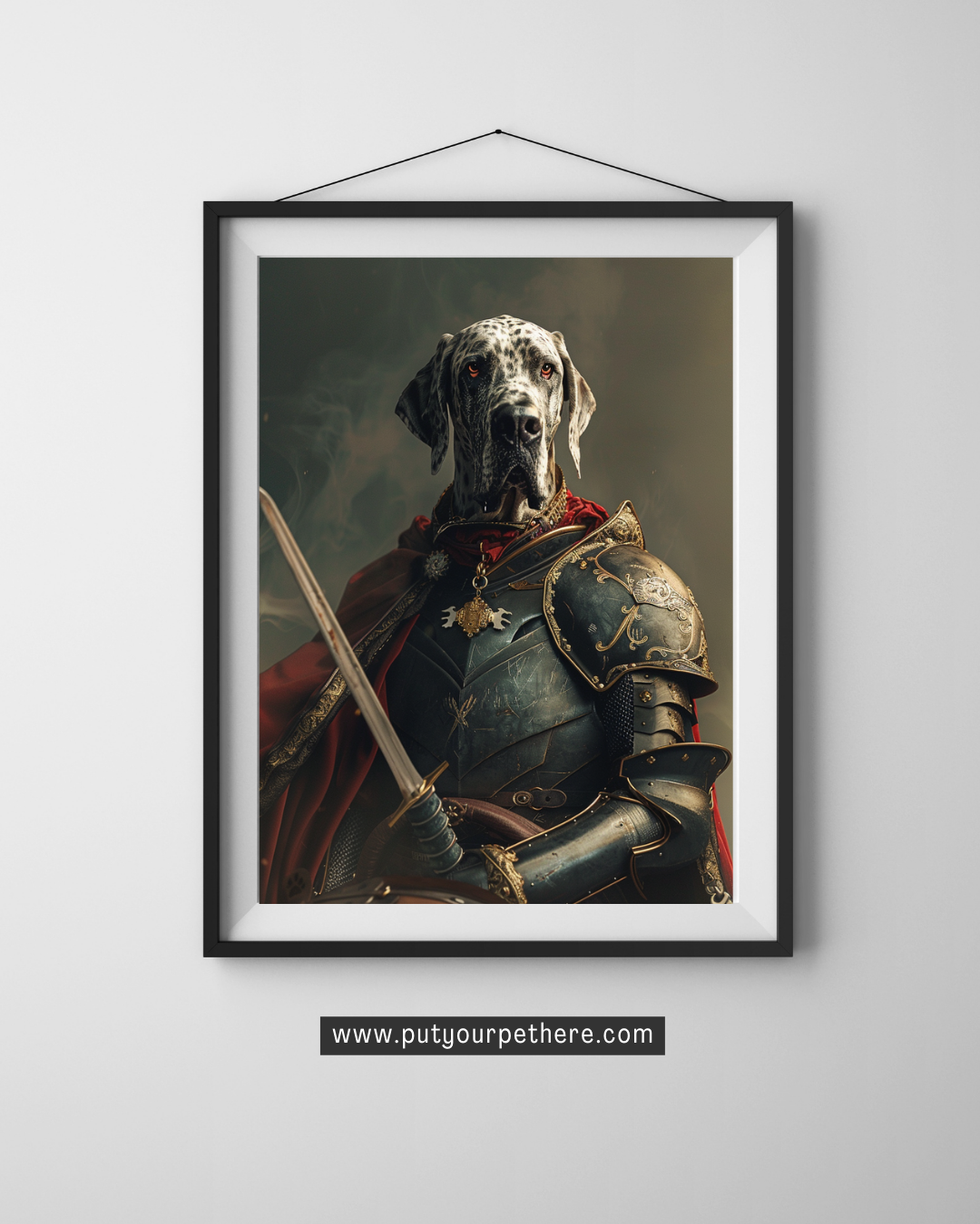 Majestic digital art of a Great Dane in full knight armor, poised with a sword and a look of nobility, suggesting a tale of valor and chivalry, available at putyourpethere.com.