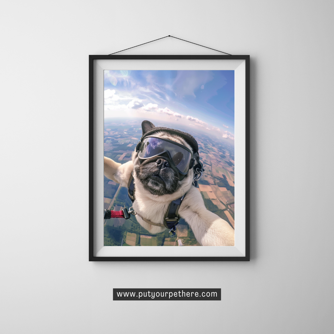 Thrilling digital artwork of a pug skydiving while doing a selfie with goggles and harness, against a backdrop of a panoramic sky and patchwork fields below, embodying adventure and freedom, from putyourpethere.com.